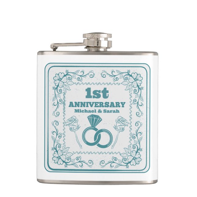 Floral wedding Anniversary Customisable year Hip Flask (Front)