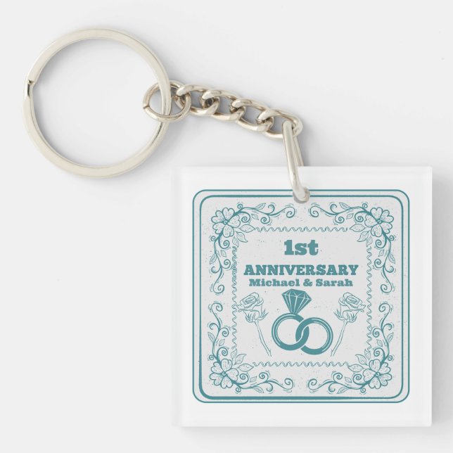 Floral wedding Anniversary Customisable year Key Ring (Front)