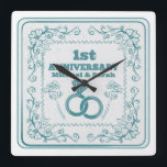 Floral wedding Anniversary Customisable year Square Wall Clock<br><div class="desc">A romantic design for a husband and wife on their wedding anniversary. This design has linked wedding rings and roses. The date can be customised to suit the year of your anniversary.</div>