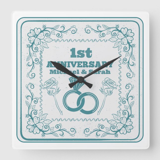 Floral wedding Anniversary Customisable year Square Wall Clock (Front)