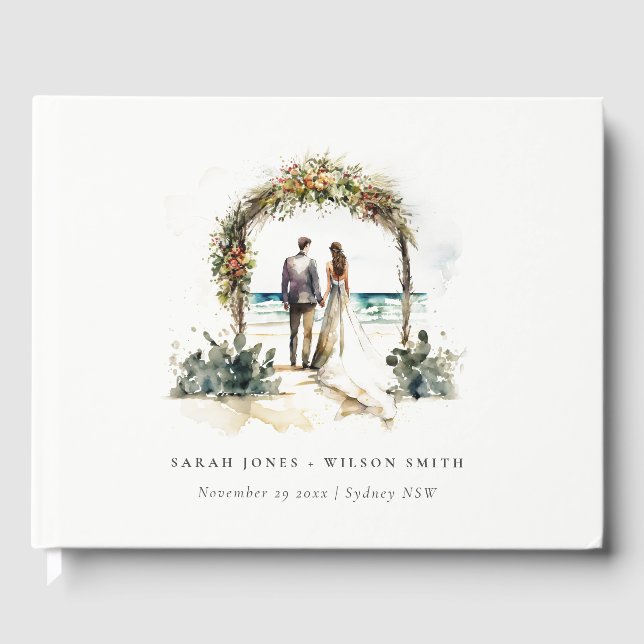 Floral Wedding Arch Coastal Beach Seascape Wedding Guest Book (Front)