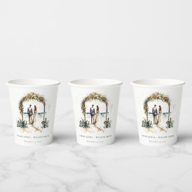 Floral Wedding Arch Coastal Beach Seascape Wedding Paper Cups (Multi)