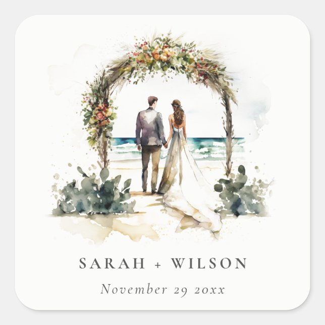 Floral Wedding Arch Coastal Beach Seascape Wedding Square Sticker (Front)