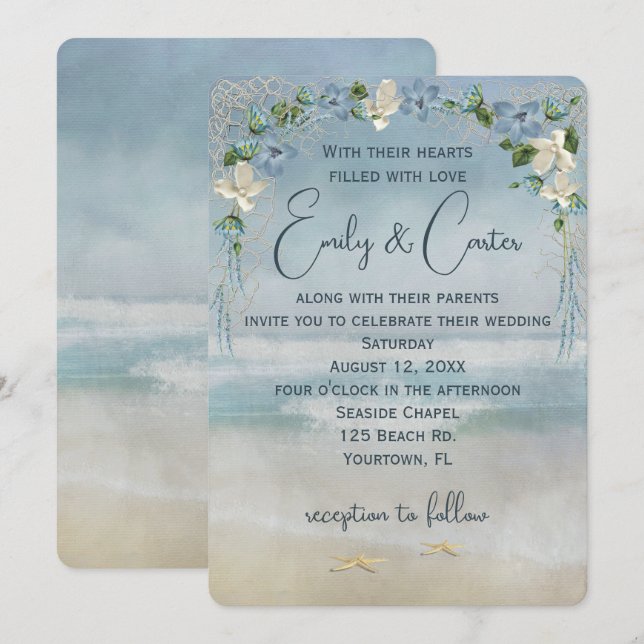 Floral Wedding Arch with Nautical Net Invitation (Front/Back)
