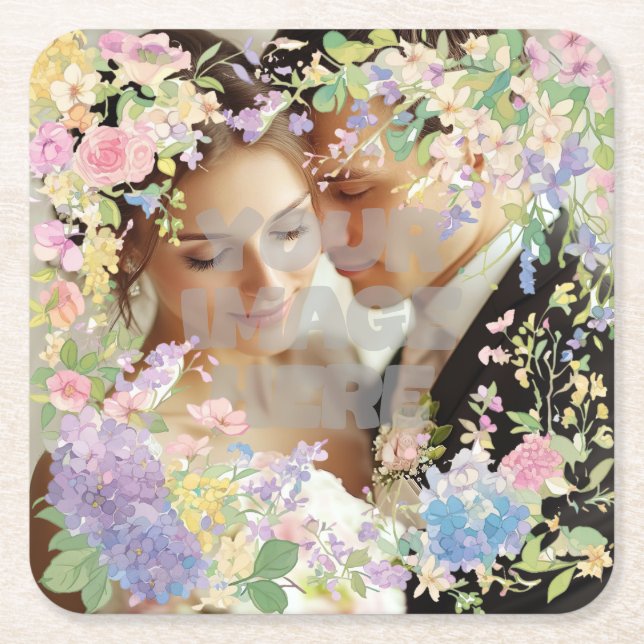 Floral Wedding Border Customisable Image Square Paper Coaster (Front)