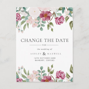 Floral Wedding Change the Date Burgundy &  Blush Announcement Postcard