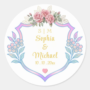 Floral Wedding Crest, Vintage Gold Monogram Frame Classic Round Sticker