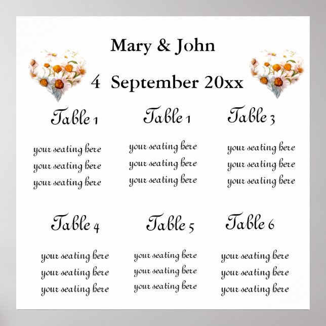 Floral Wedding "Daisy hearts" seating chart (Front)