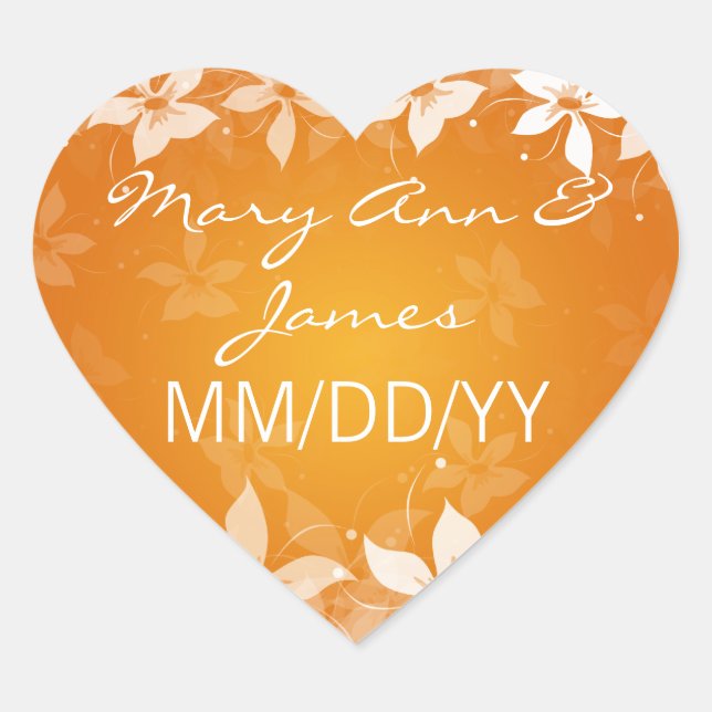 Floral Wedding Date Exotic Blooms Orange Heart Sticker (Front)
