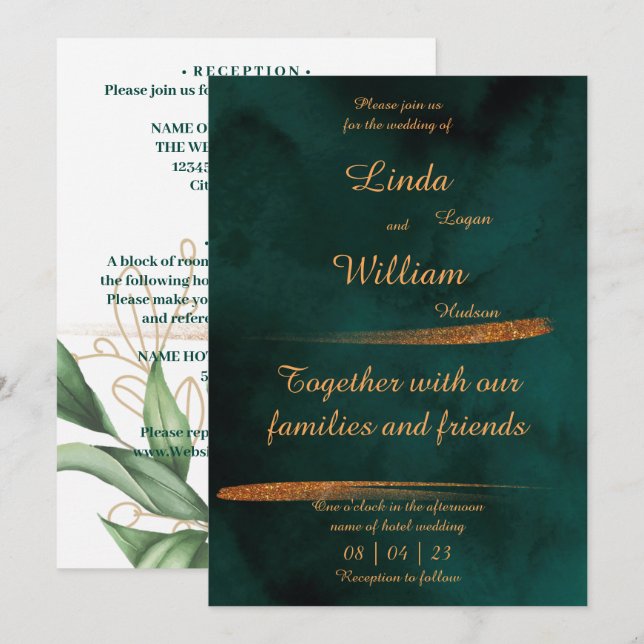 Floral Wedding Deep Sea Dark Green & Gold Holiday Card (Front/Back)