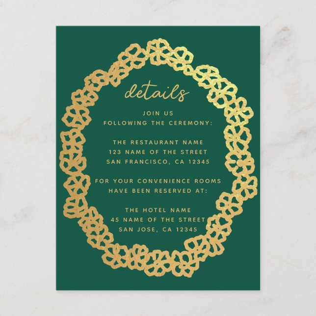 Floral Wedding Details Emerald Green Gold Wreath Enclosure Card (Front)