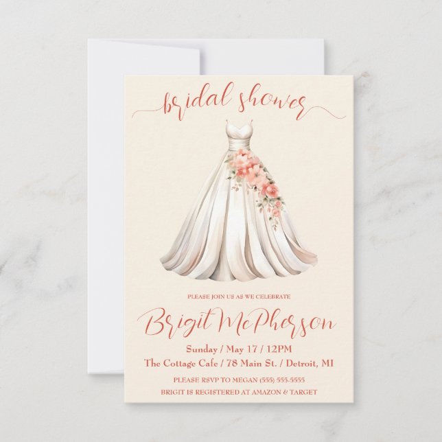 Floral Wedding Dress, Bridal Gown, Bridal Shower Invitation (Front)