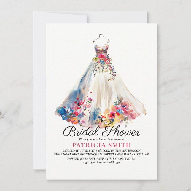 Floral Wedding Dress Bridal Shower Invitation (Front)