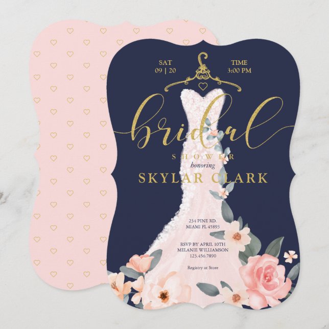 Floral Wedding Dress Navy Bridal Shower Invitation (Front/Back)