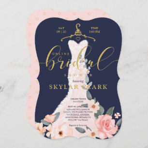 Floral Wedding Dress Navy Online Bridal Shower Invitation