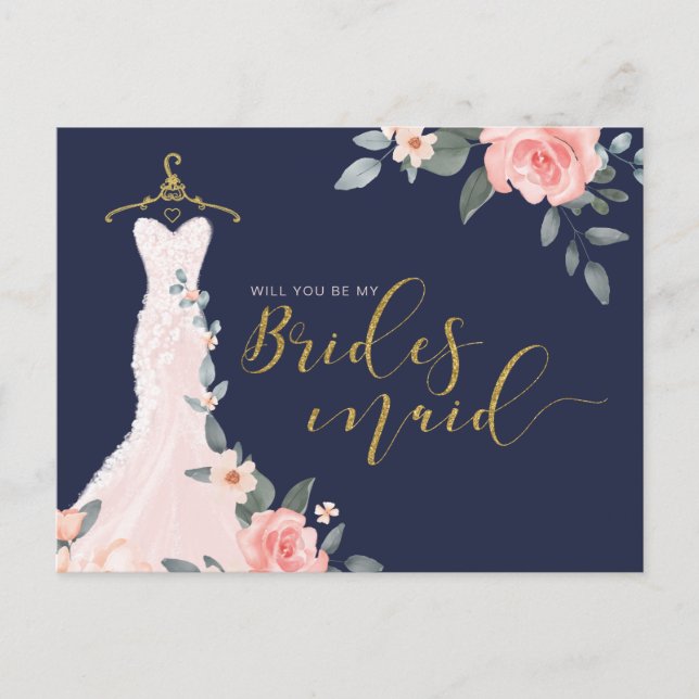 Floral Wedding Dress Will You Be Bridesmaid Invitation Postcard (Front)