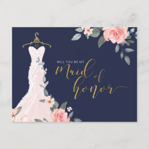 Floral Wedding Dress Will You Be Maid of Honor Invitation Postcard