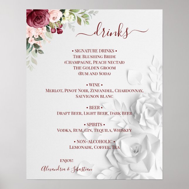 Floral Wedding Drinks Menu Sign (Front)