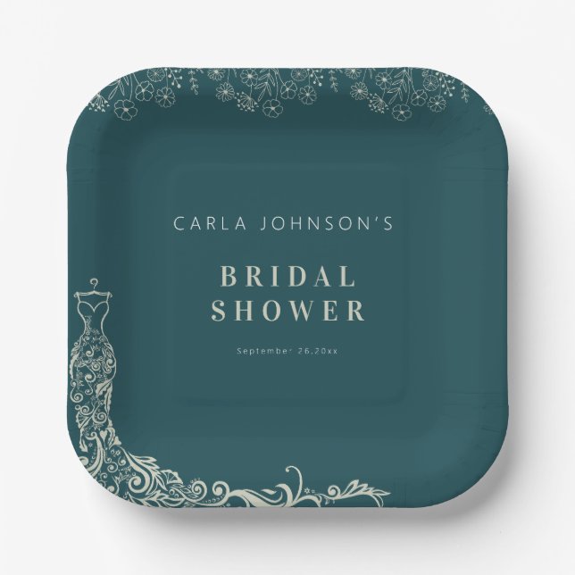 Floral wedding gown bridal shower welcome sign  paper plate (Front)
