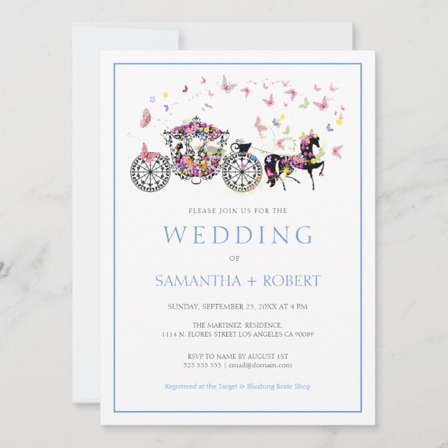 Floral Wedding Horse Carriage Butterflies Wedding Invitation (Front)