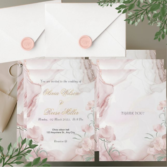Floral Wedding Invitation (Elegant blush floral wedding invitation with watercolor design and gold accents for your special day)