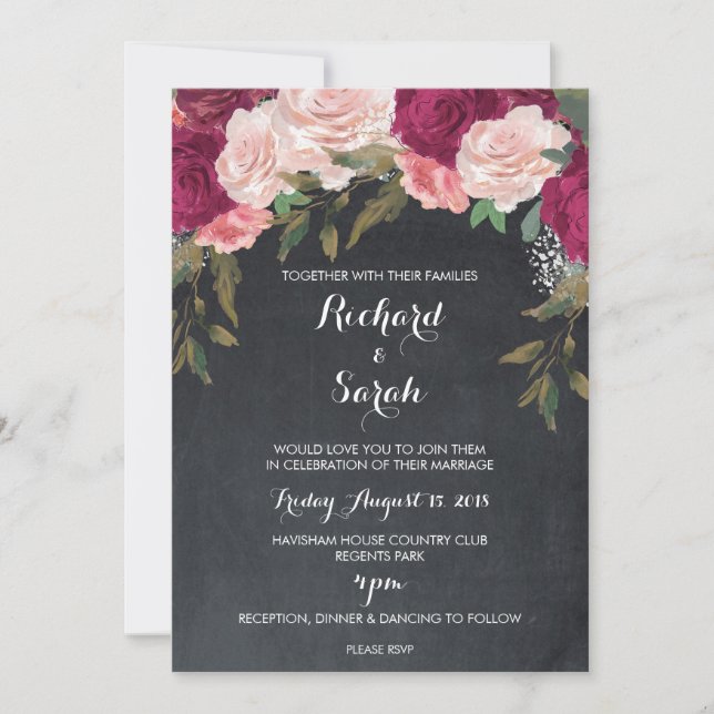 Floral wedding invitation burgundy chalkboard (Front)