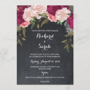 Floral wedding invitation burgundy chalkboard