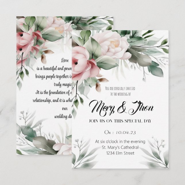 Floral Wedding Invitation Green Tones (Front/Back)