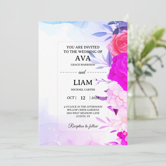 Floral Wedding Invitation in Blue & Turquoise (Standing Front)