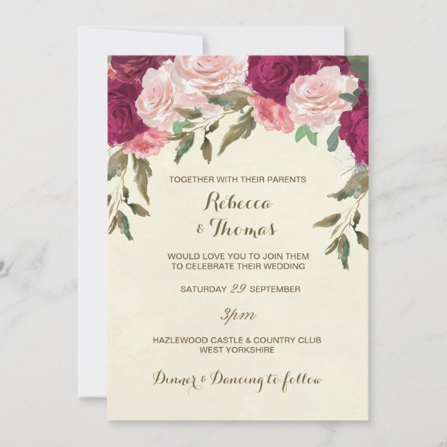 Floral wedding invitation ivory pink burgundy (Front)