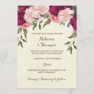 Floral wedding invitation ivory pink burgundy