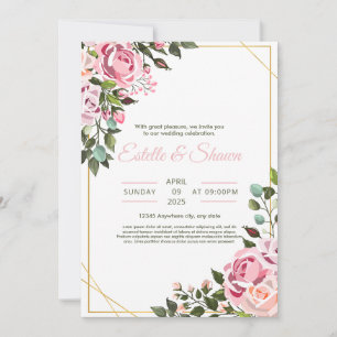 Floral Wedding invitation, Romantic Pink Wedding Invitation