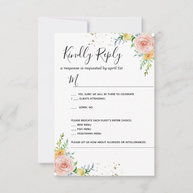 Floral Wedding invitation RSVP card gold dusk pink (Front)