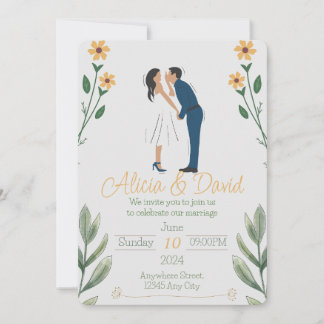 Floral Wedding Invitation with Bride and Groom