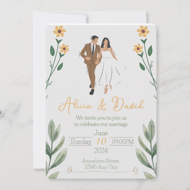 Floral Wedding Invitation with Bride and Groom (Front)