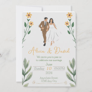 Floral Wedding Invitation with Bride and Groom