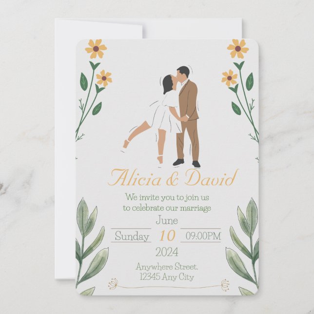Floral Wedding Invitation with Bride and Groom (Front)
