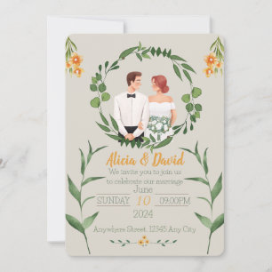 Floral Wedding Invitation with Bride and Groom