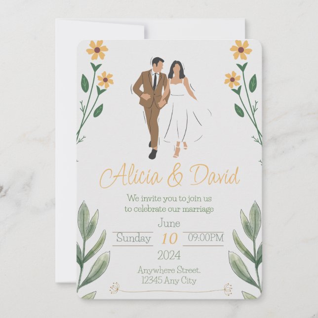 Floral Wedding Invitation with Bride and Groom (Front)
