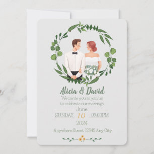 Floral Wedding Invitation with Bride and Groom