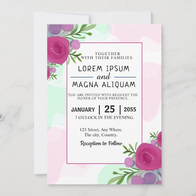 Floral wedding invitations card watercolor design (Front)