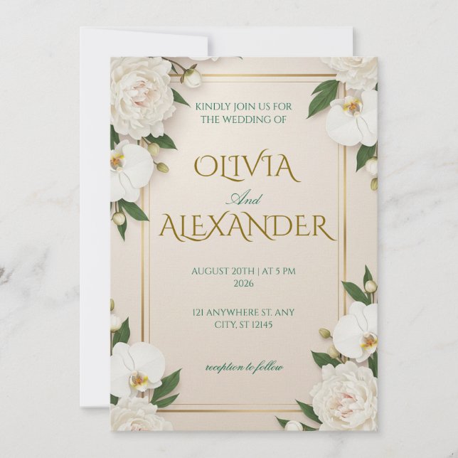 Floral Wedding Invitations Luxurious White (Front)