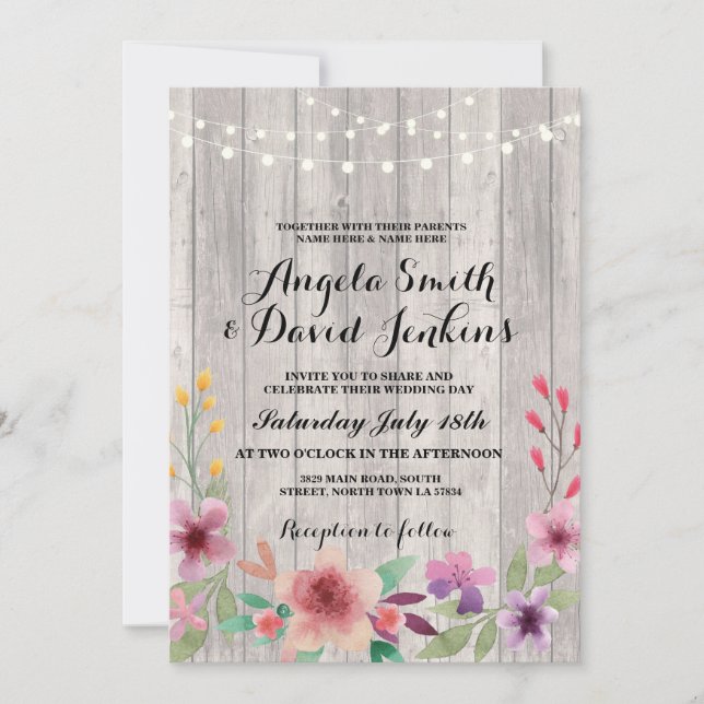 Floral Wedding Invitations Wood Rustic Lights (Front)