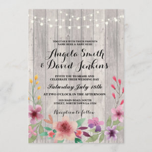 Floral Wedding Invitations Wood Rustic Lights
