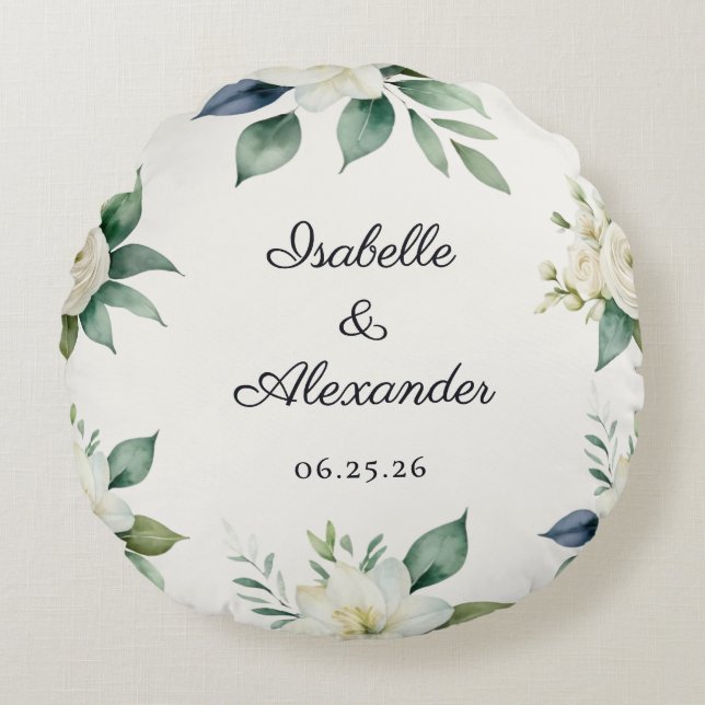 Floral Wedding Keepsake Elegant Decor Personalised Round Cushion (Front)
