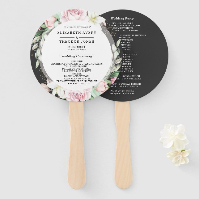 Floral Wedding Luxury Black Pink Hand Fan (Front and Back)
