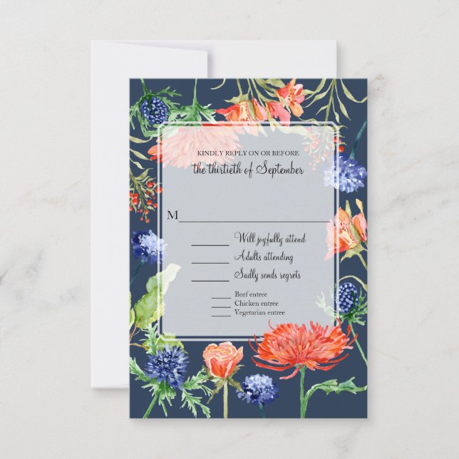 Floral Wedding Menu Navy Orange Flowers Greenery (Front)