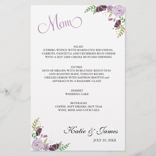 Floral Wedding Menu | Purple (Front)