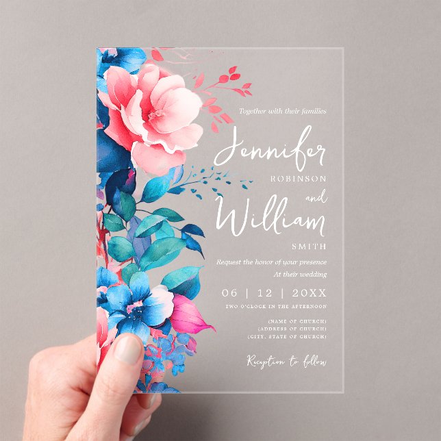 Floral Wedding Modern Script Typography Blue Pink Acrylic Invitations (Insitu (Handheld))