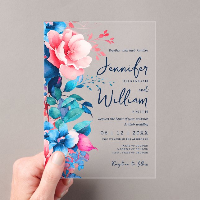 Floral Wedding Modern Script Typography Blue Pink Acrylic Invitations (Insitu (Handheld))